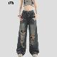宽松直筒长裤 渐变破洞水洗牛仔裤 子男 国潮牌情侣美式 INSstudios