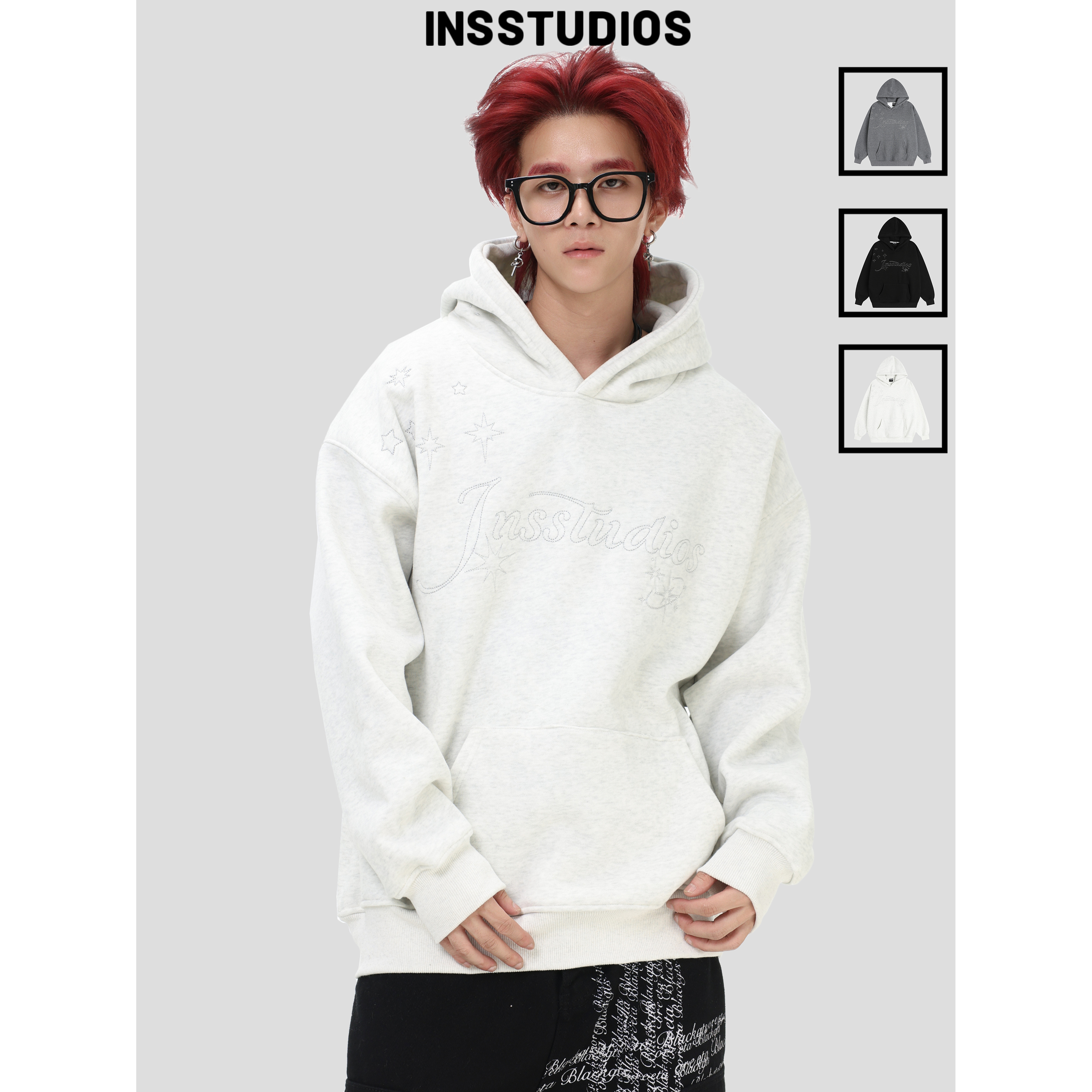 INSstudios星星刺绣加绒连帽卫衣