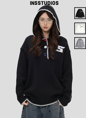 INSstudios 国潮美式「多巴胺彩色纽扣连帽毛衣」宽松针织衫上衣