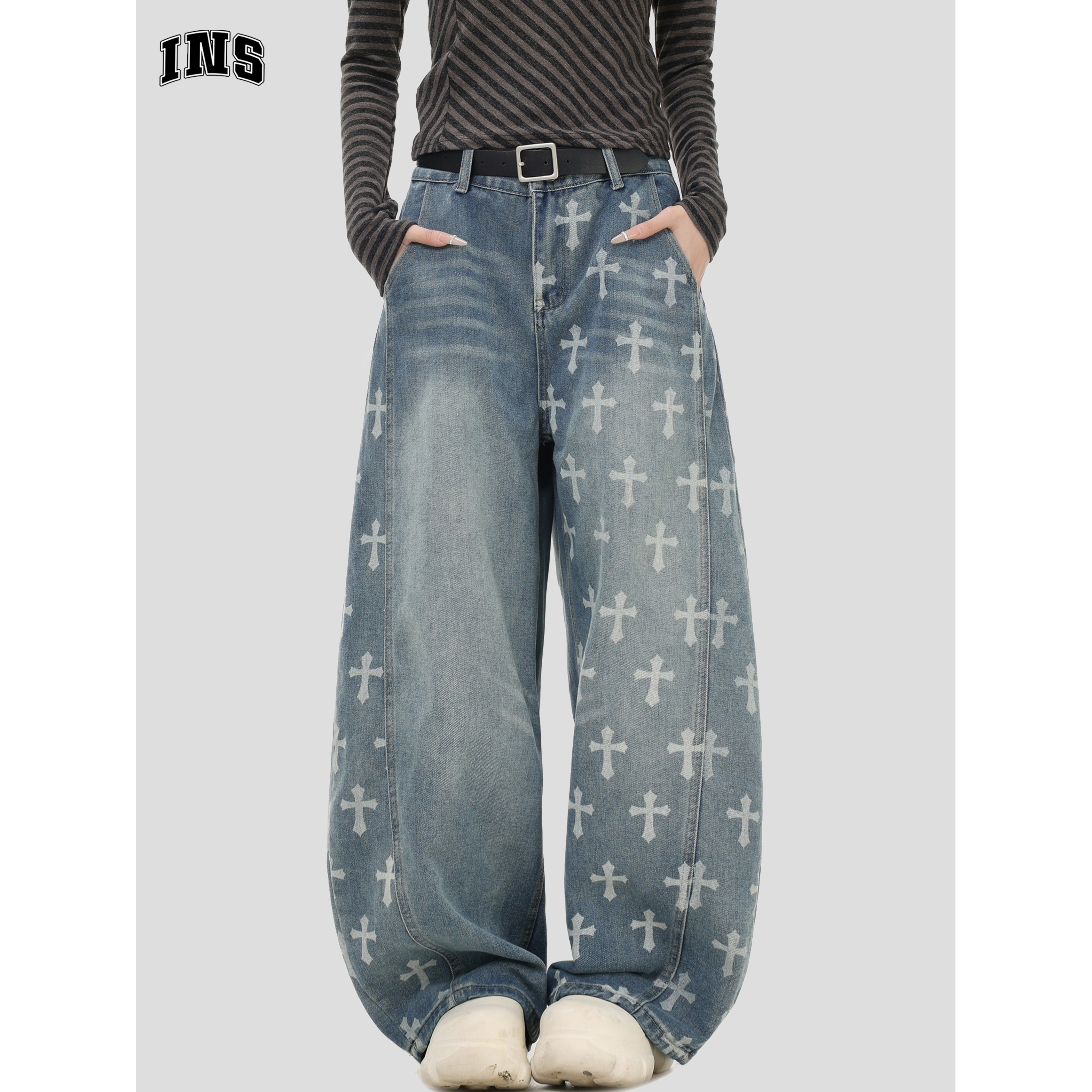 INSstudios复古十字架印花牛仔裤