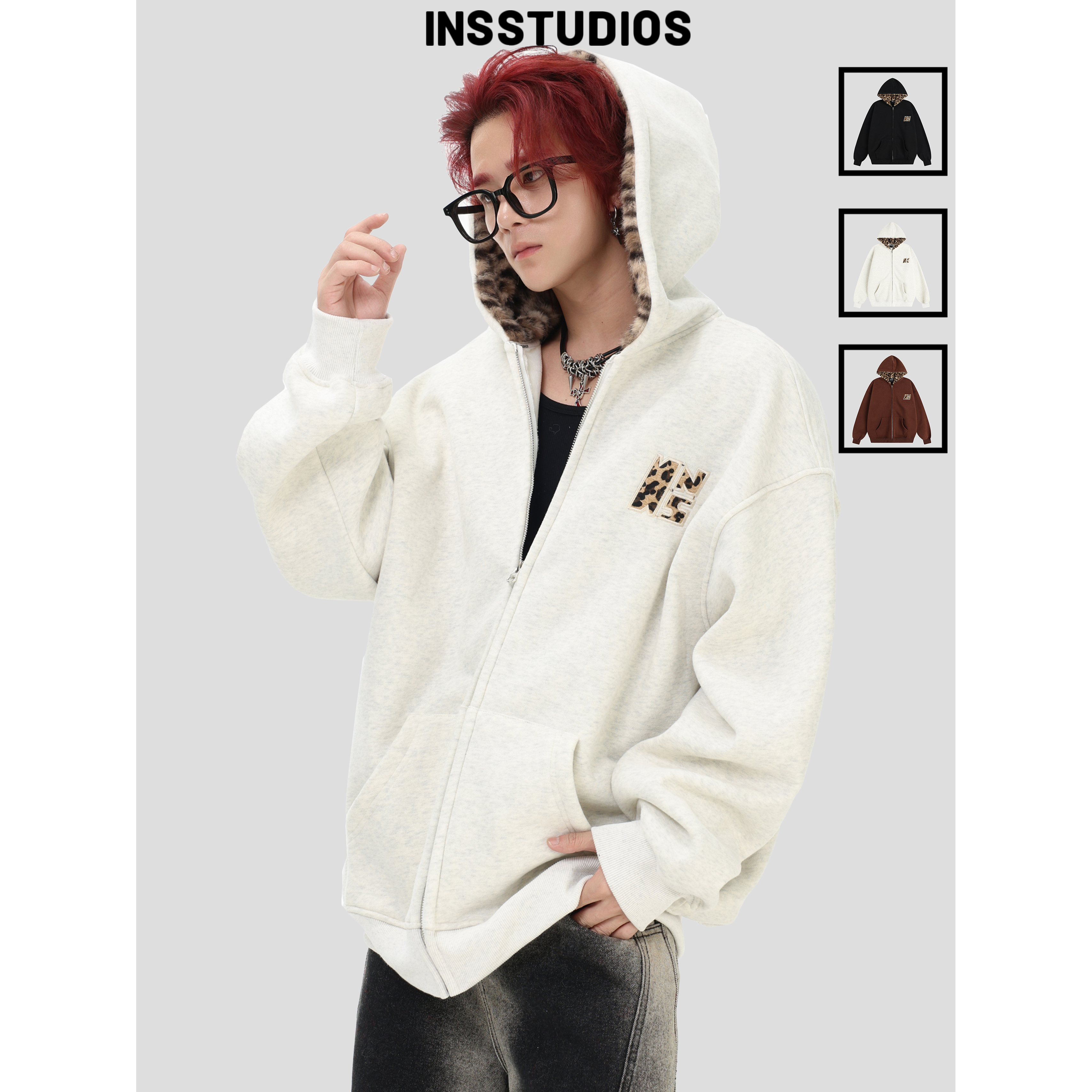 INSstudios豹纹贴布绣连帽卫衣