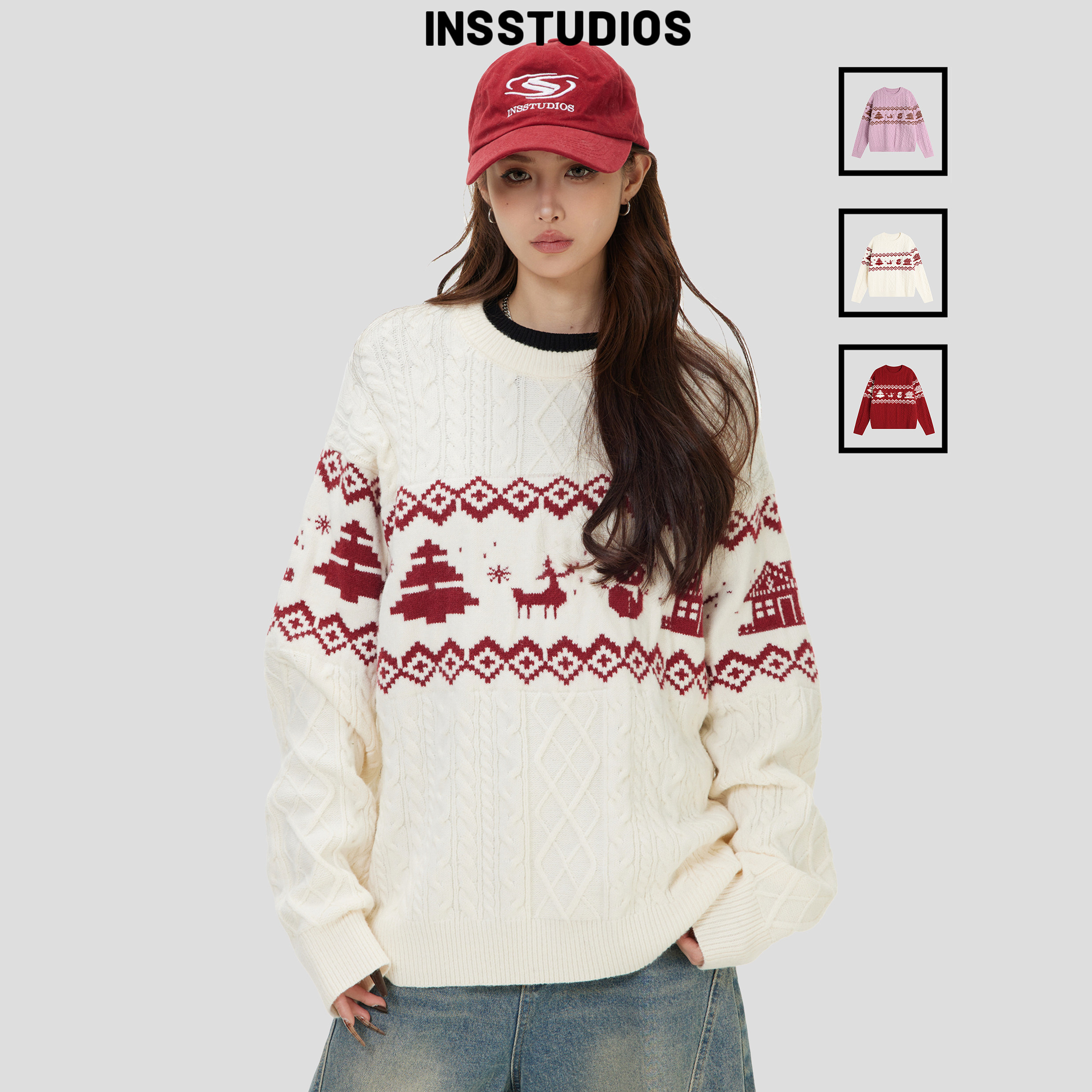 INSstudios 国潮情侣美式复古「费尔岛提花麻花毛衣」宽松针织衫