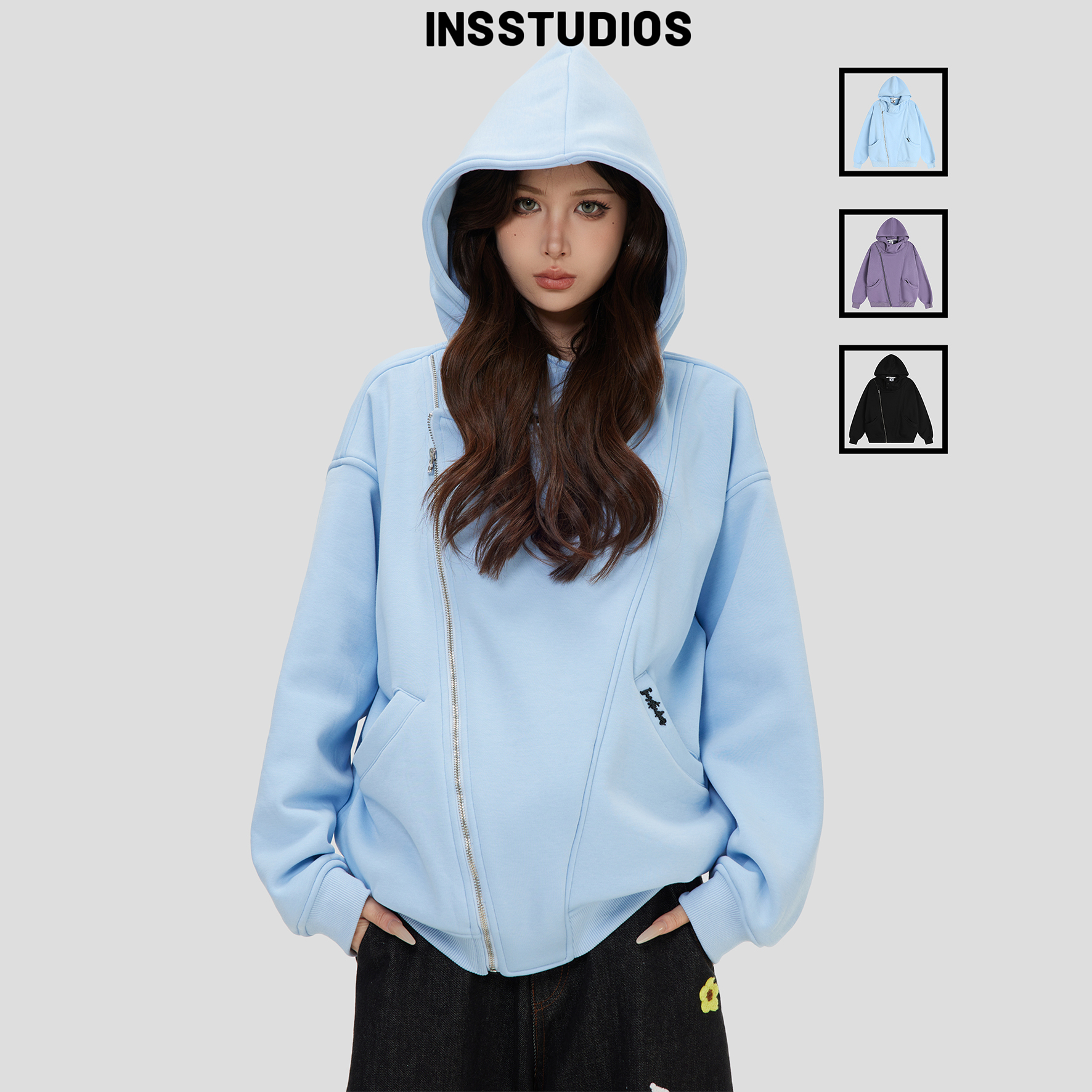 INSstudios双拉链空气层连帽卫衣