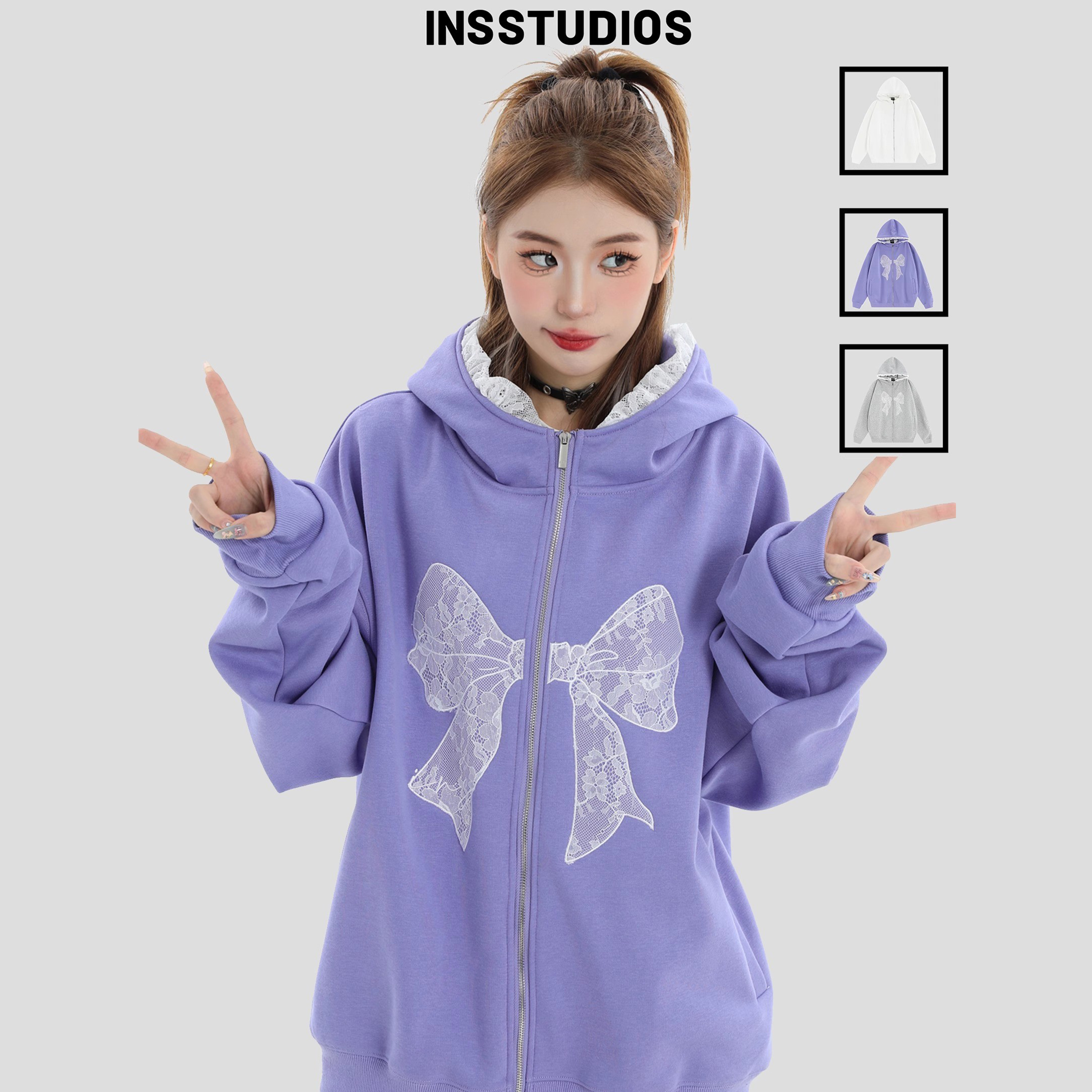INSstudios蕾丝蝴蝶结连帽卫衣