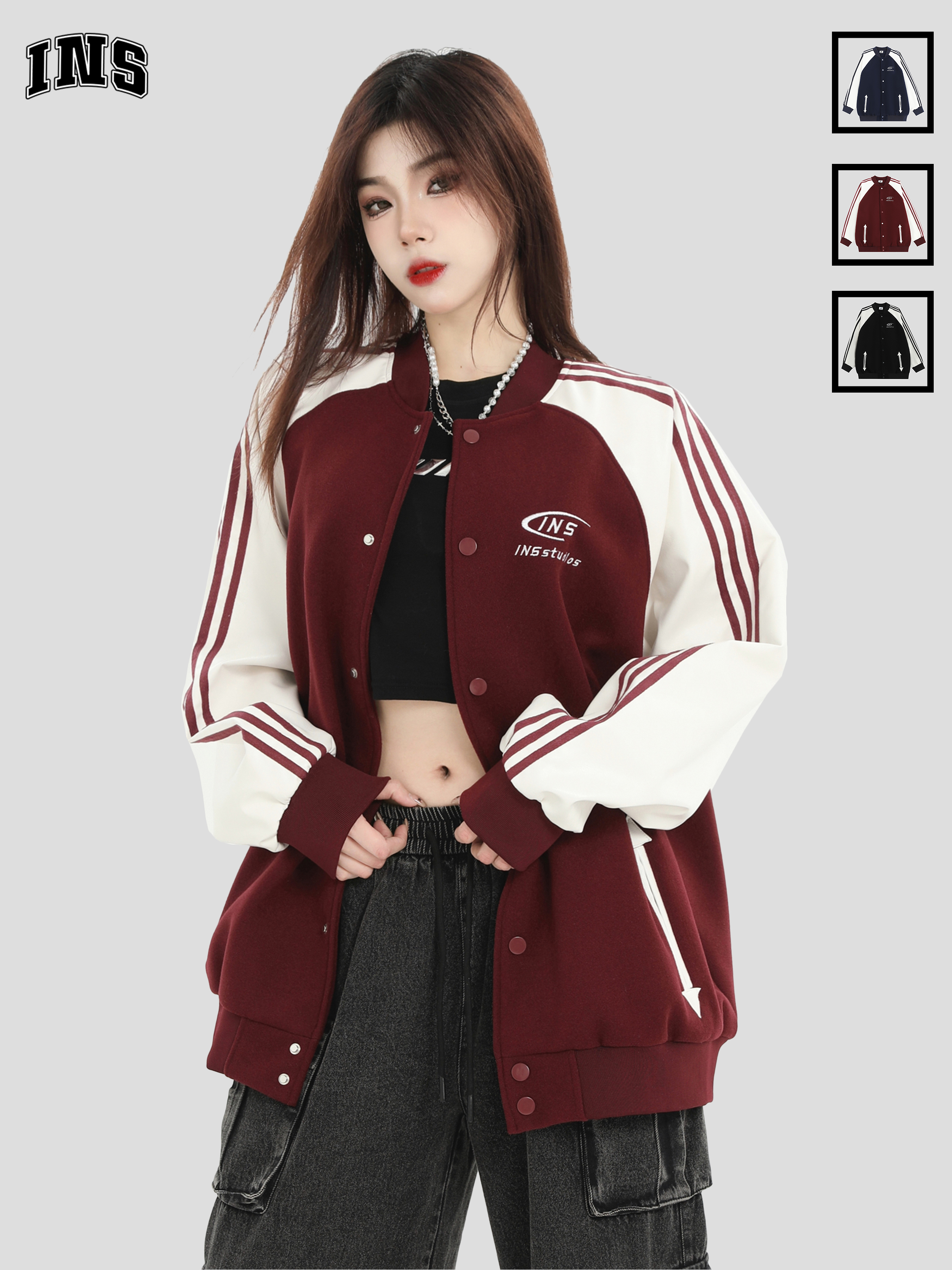 INSstudios撞色拼接插肩袖棒球服