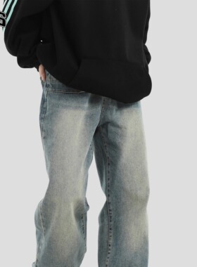 INSstudios 国潮牌情侣美式做旧水洗蓝色牛仔裤宽松直筒长裤子男