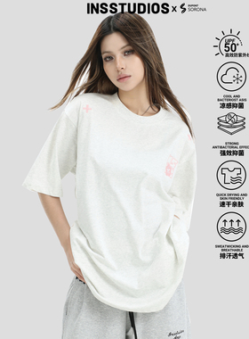 INSstudios 国潮牌情侣美式线条刺绣LOGO短袖夏季正肩V领修身T恤