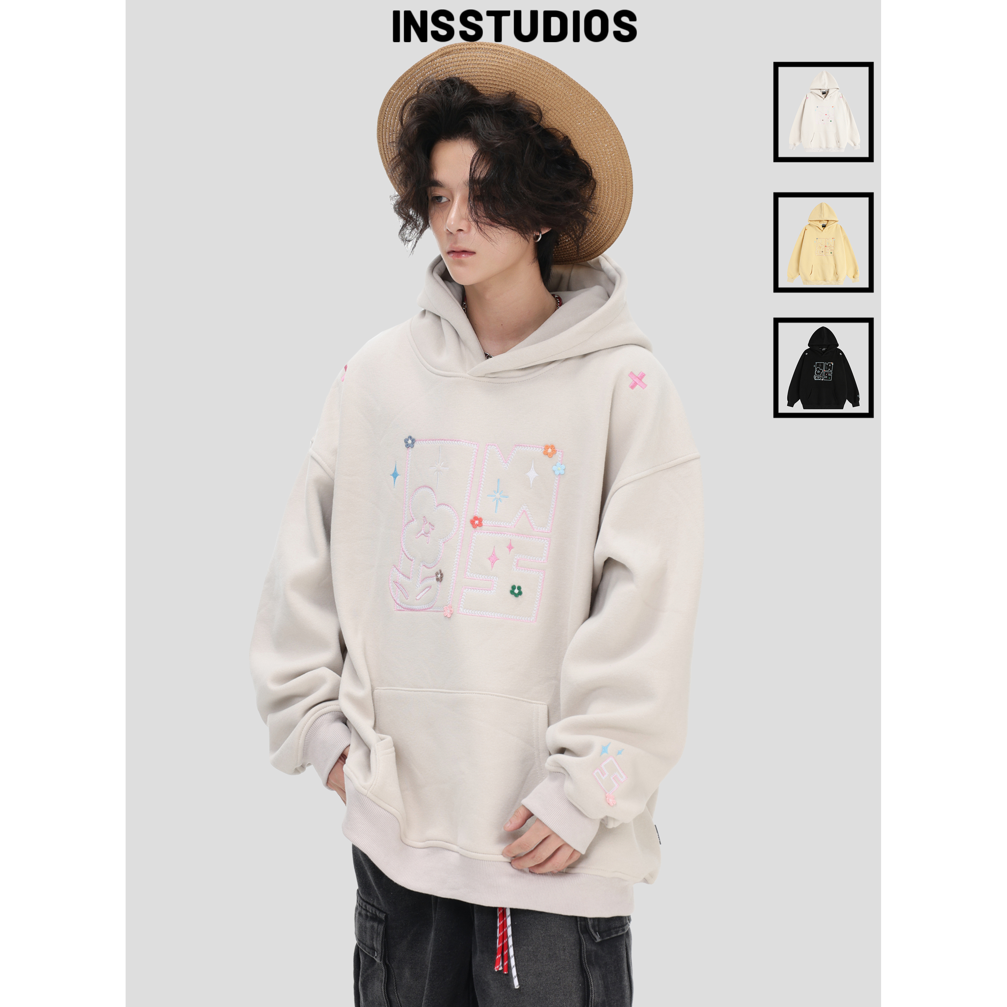 INSstudios花朵刺绣LOGO连帽卫衣