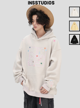 INSstudios 国潮美式「花朵刺绣LOGO连帽卫衣」宽松加绒帽衫上衣