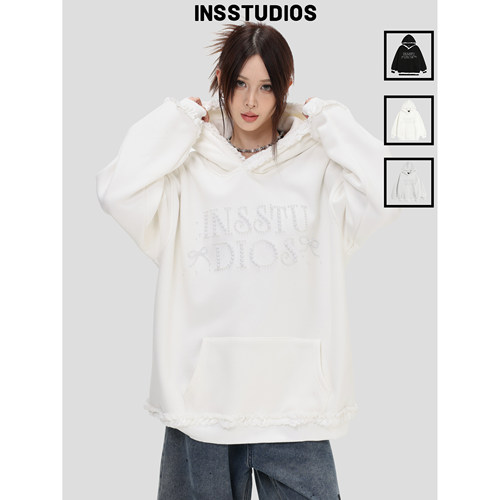 INSstudios木耳边珍珠连帽卫衣