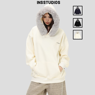 INSstudios 国潮牌美式复古「小logo连帽毛领卫衣」宽松加绒帽衫