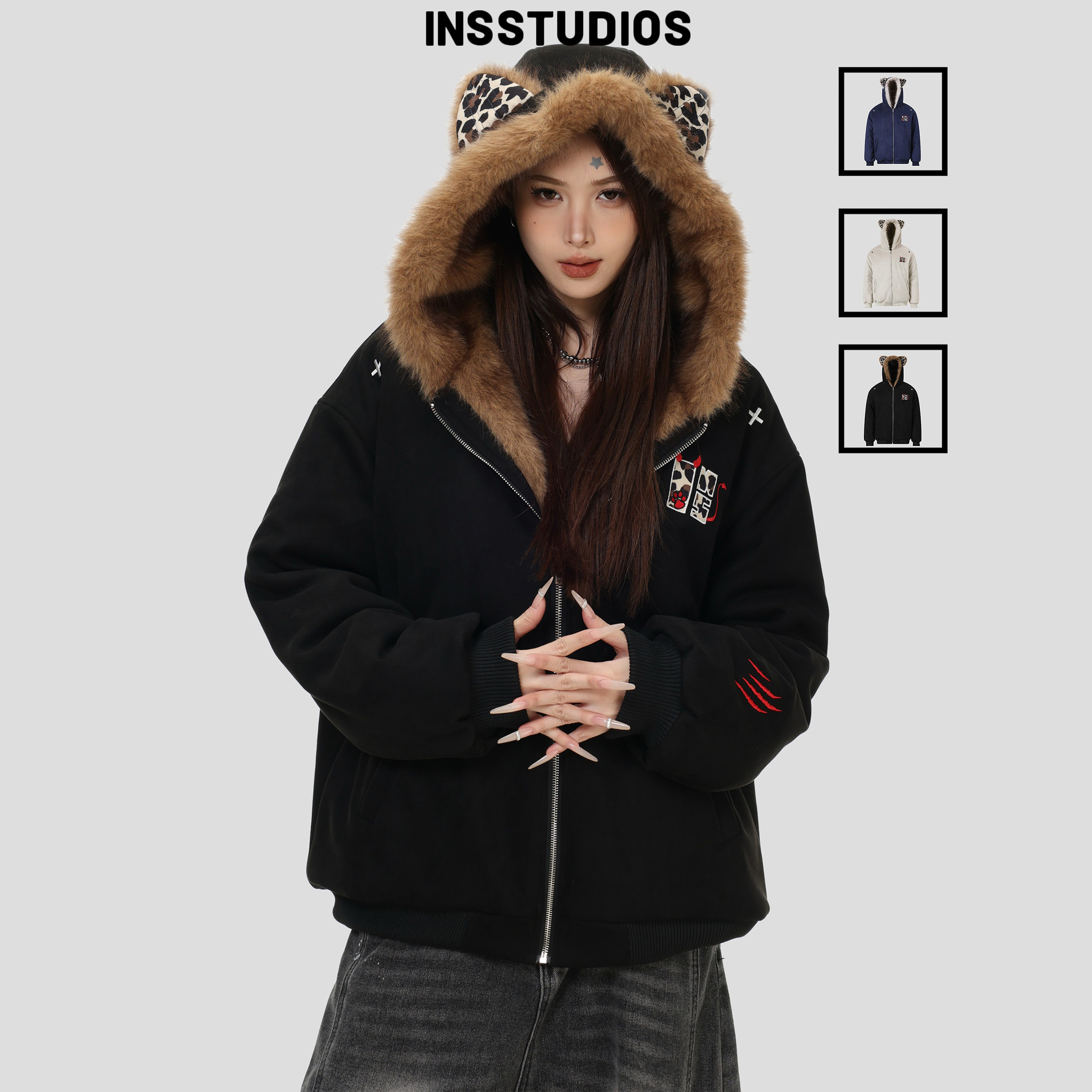 INSstudios 国潮美式「小恶魔豹纹贴布座山雕外套」麂皮毛领棉服,男装,棉衣,淘宝优惠券,粉丝福利购,淘宝优惠卷