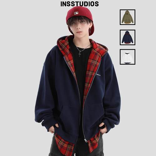 INSstudios假两件拼接格子卫衣