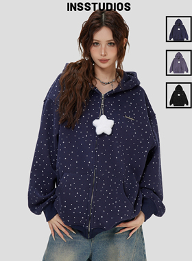 INSstudios 国潮美式「星星满印加绒连帽卫衣」宽松拉链开衫外套