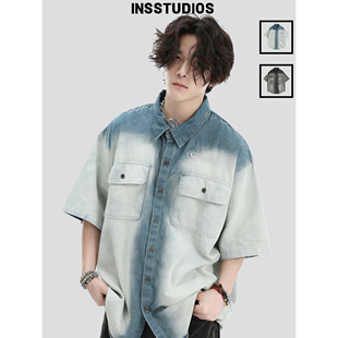 宽松短袖 渐变水洗牛仔衬衫 衬衣外套男 国潮牌情侣美式 INSstudios