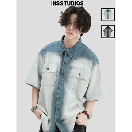 INSstudios 国潮牌情侣美式渐变水洗牛仔衬衫宽松短袖衬衣外套男