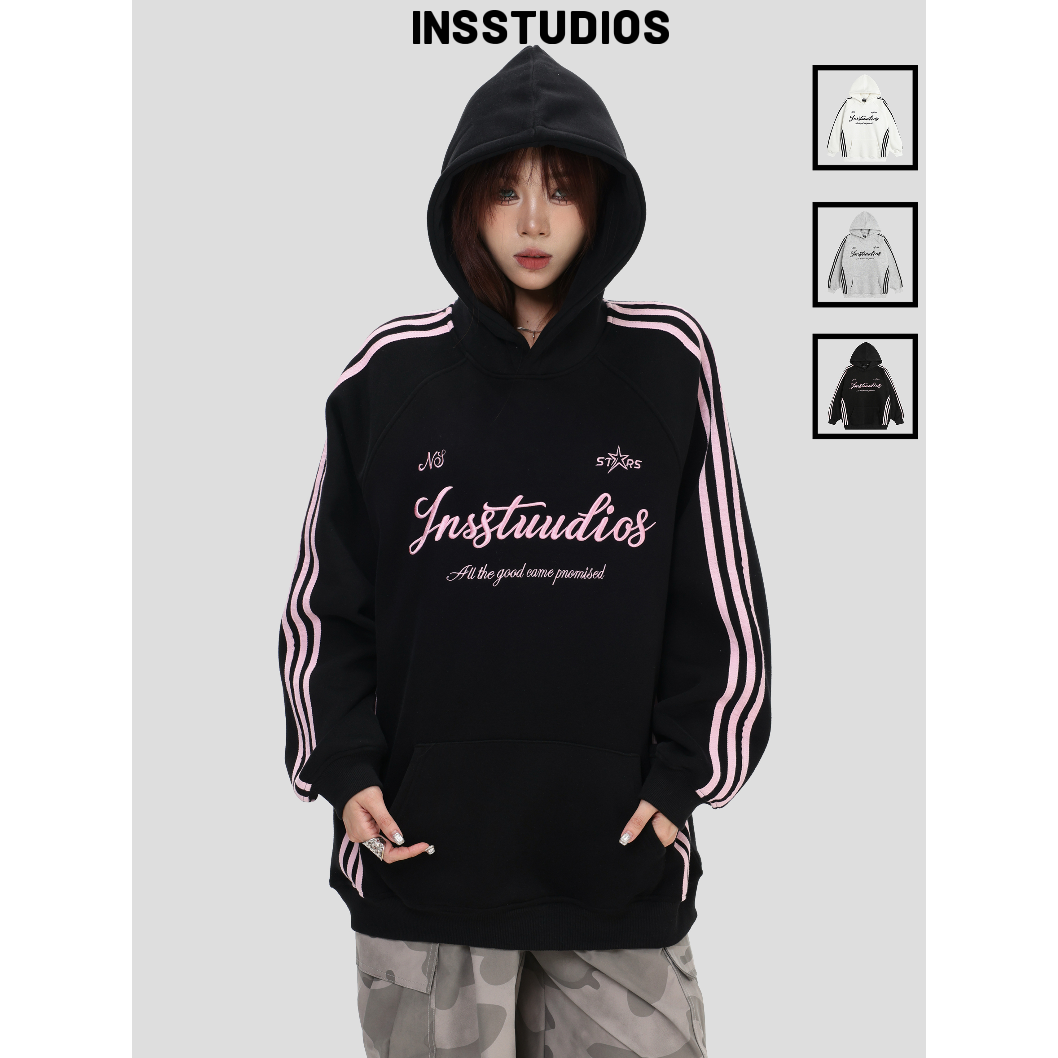 INSstudios三条杠撞色连帽卫衣