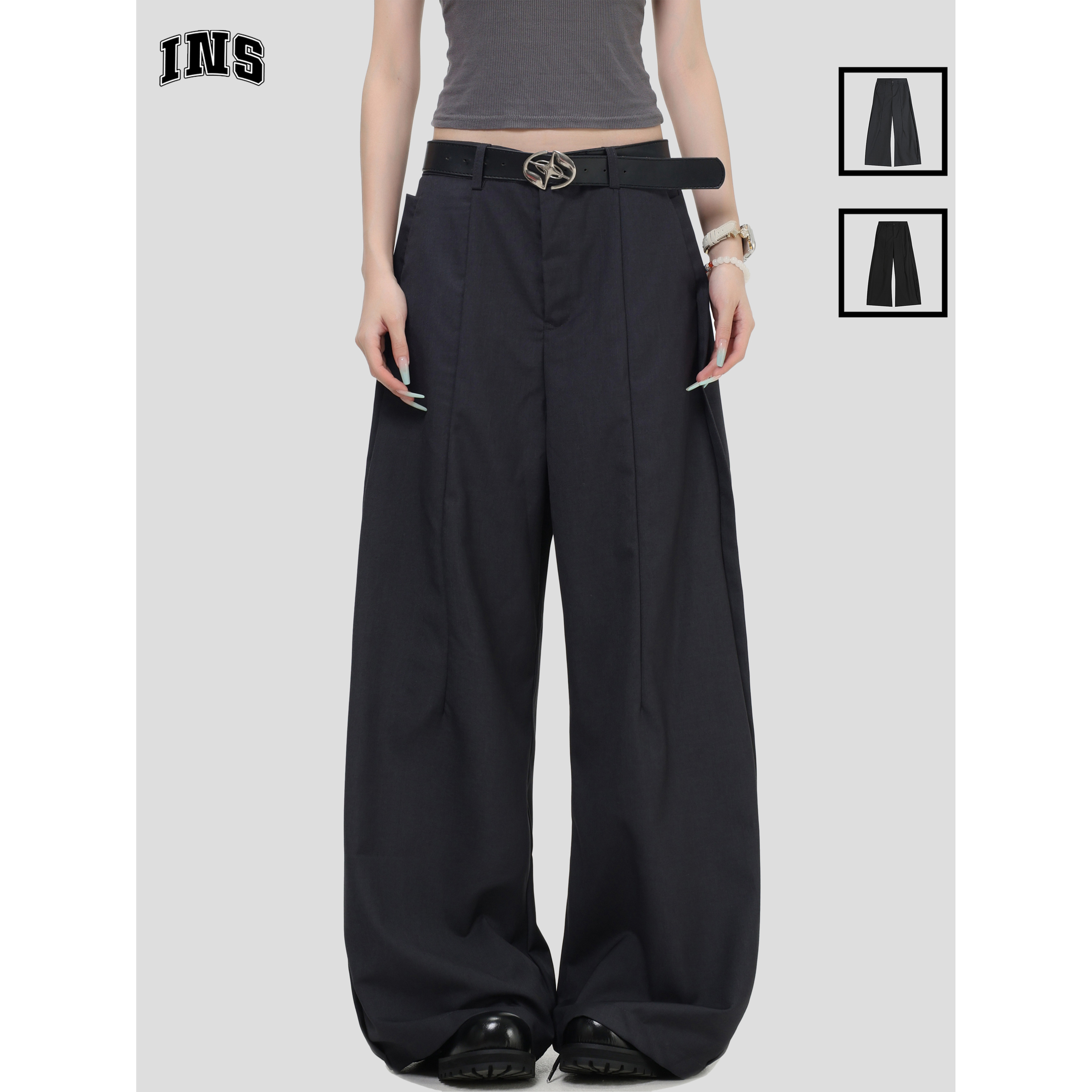 INSstudios 国潮牌情侣美式复古弯刀西装裤宽松拖地阔腿镰刀裤子