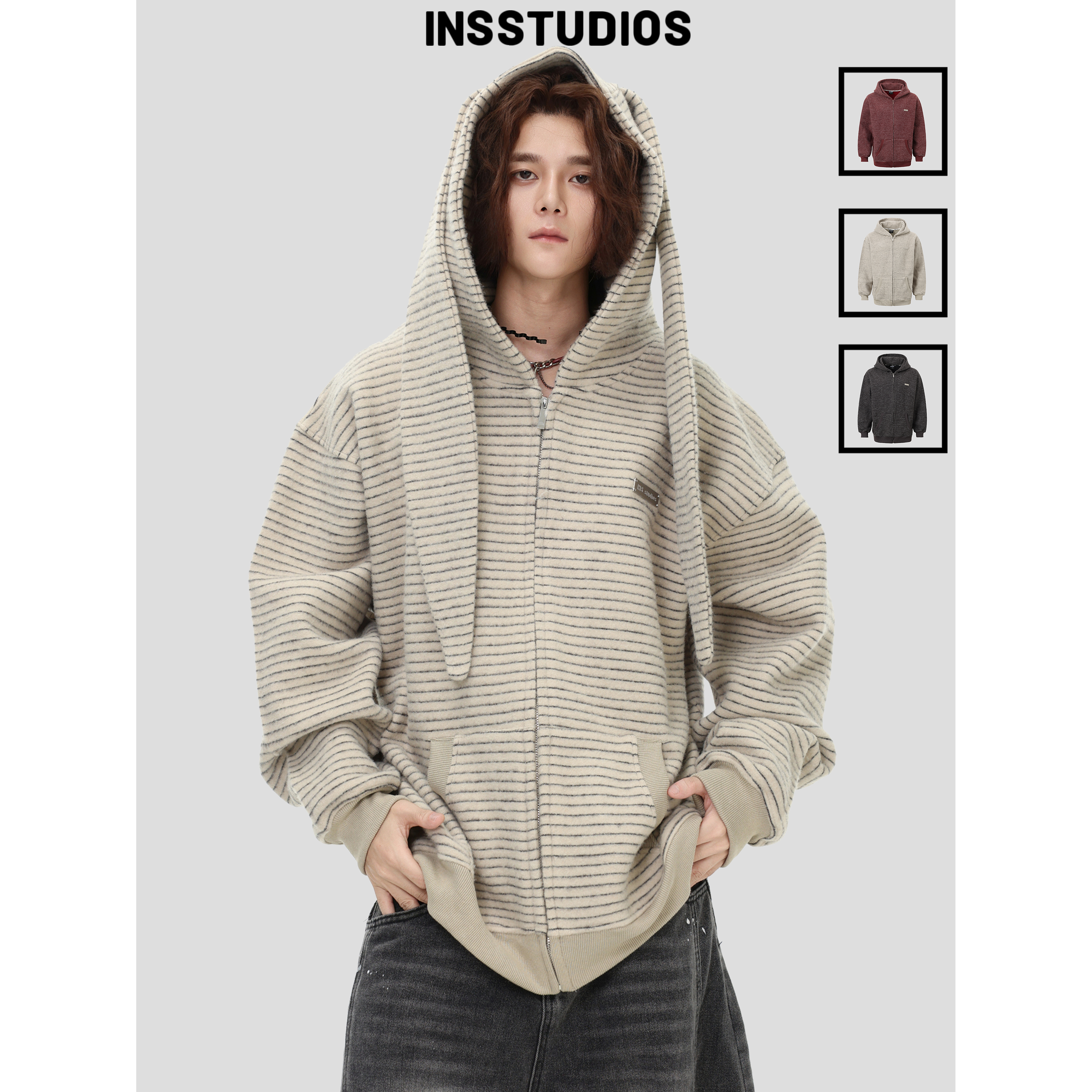 INSstudios兔耳朵条纹绒感卫衣