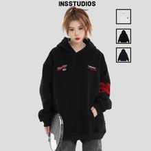 INSstudios 国潮牌情侣美式赛车LOGO刺绣卫衣宽松加绒连帽衫男女