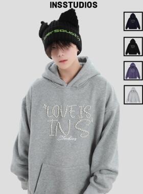 INSstudios 国潮牌情侣美式珍珠排版LOGO连帽卫衣宽松加绒帽衫男