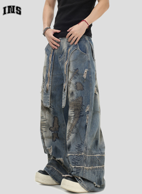INSstudios 国潮牌情侣美式乱针刺绣做旧弯刀牛仔裤宽松直筒长裤