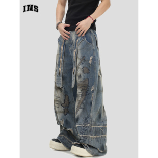 宽松直筒长裤 乱针刺绣做旧弯刀牛仔裤 国潮牌情侣美式 INSstudios