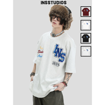 INSstudios 国潮牌情侣美式复古毛巾刺绣LOGO短袖宽松纯棉半袖T恤