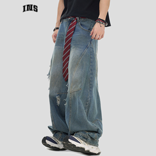 INSstudios 国潮牌美式复古倒装裤头破洞弯刀牛仔裤宽松拖地长裤
