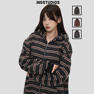 INSstudios 国潮美式「野莓甜甜圈条纹卫衣」加绒连帽外套开衫