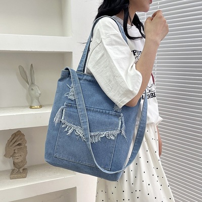 牛仔布大容量包包女托特包小众质感单肩包学生上课帆布书袋斜挎包