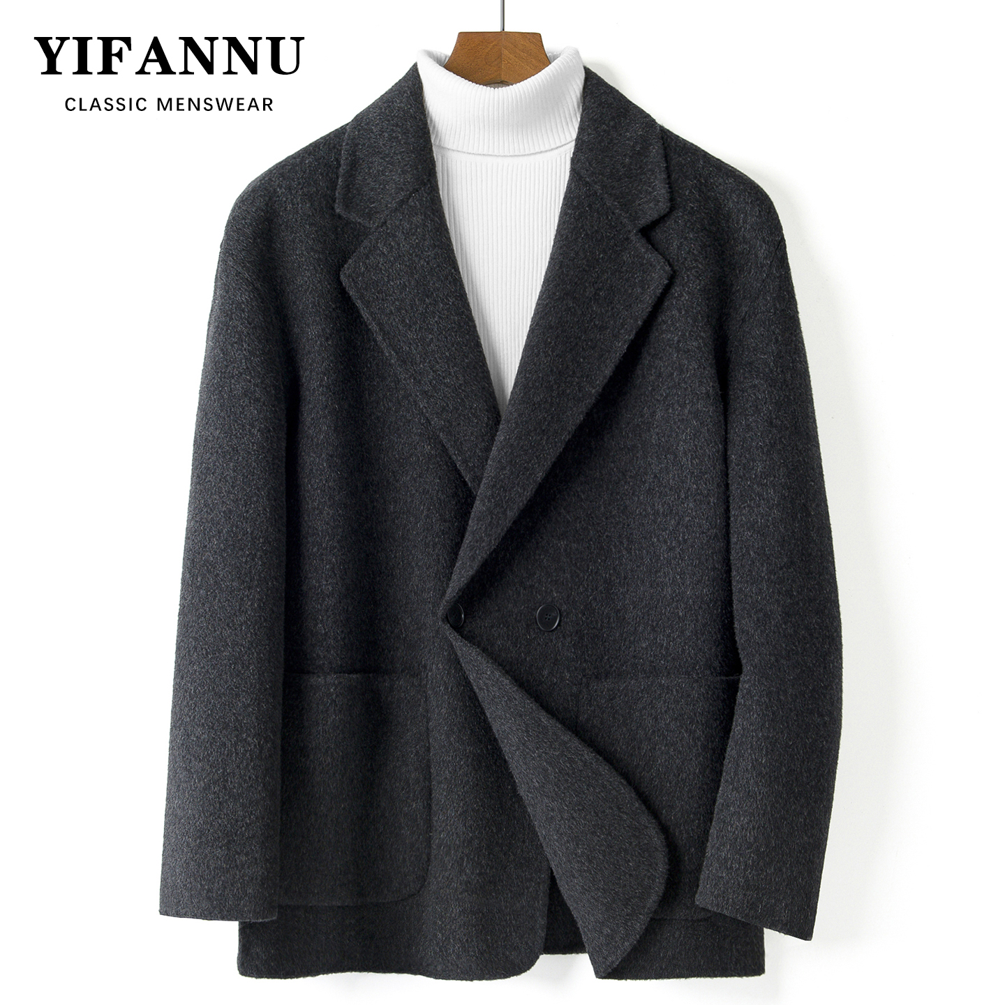 秋冬纯羊毛双面呢西服大衣外套厚