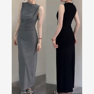 2025春夏新款时尚气质褶皱无袖收腰显瘦设计感小众连衣裙