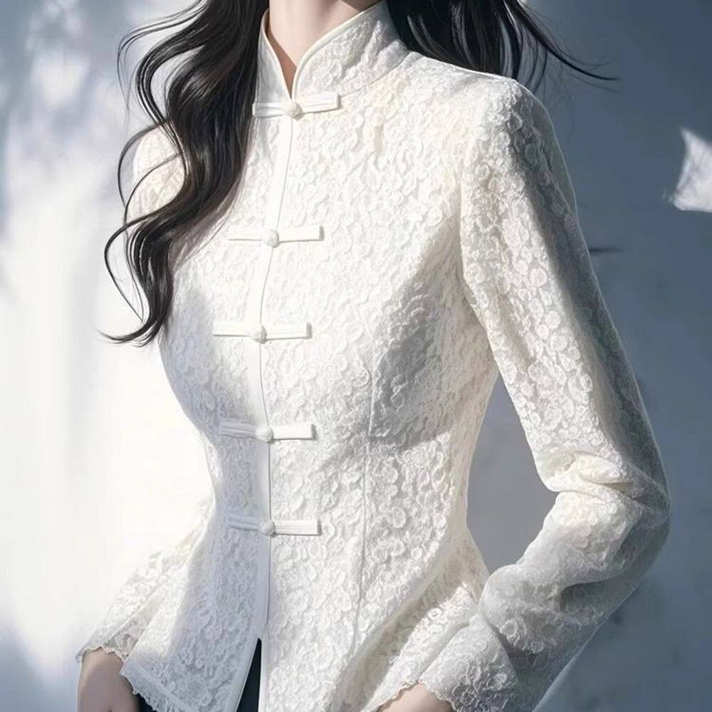 新中式白色蕾丝长袖衬衫2018