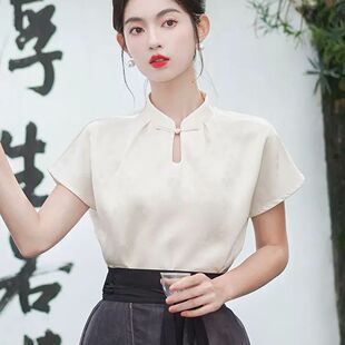 新中式旗袍领盘扣短袖上衣女夏季新款国风缎面质感搭配半身裙小衫