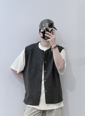 25秋季新款QFO亨利领单排扣马甲男潮牌宽松时尚纯色无袖坎肩背心