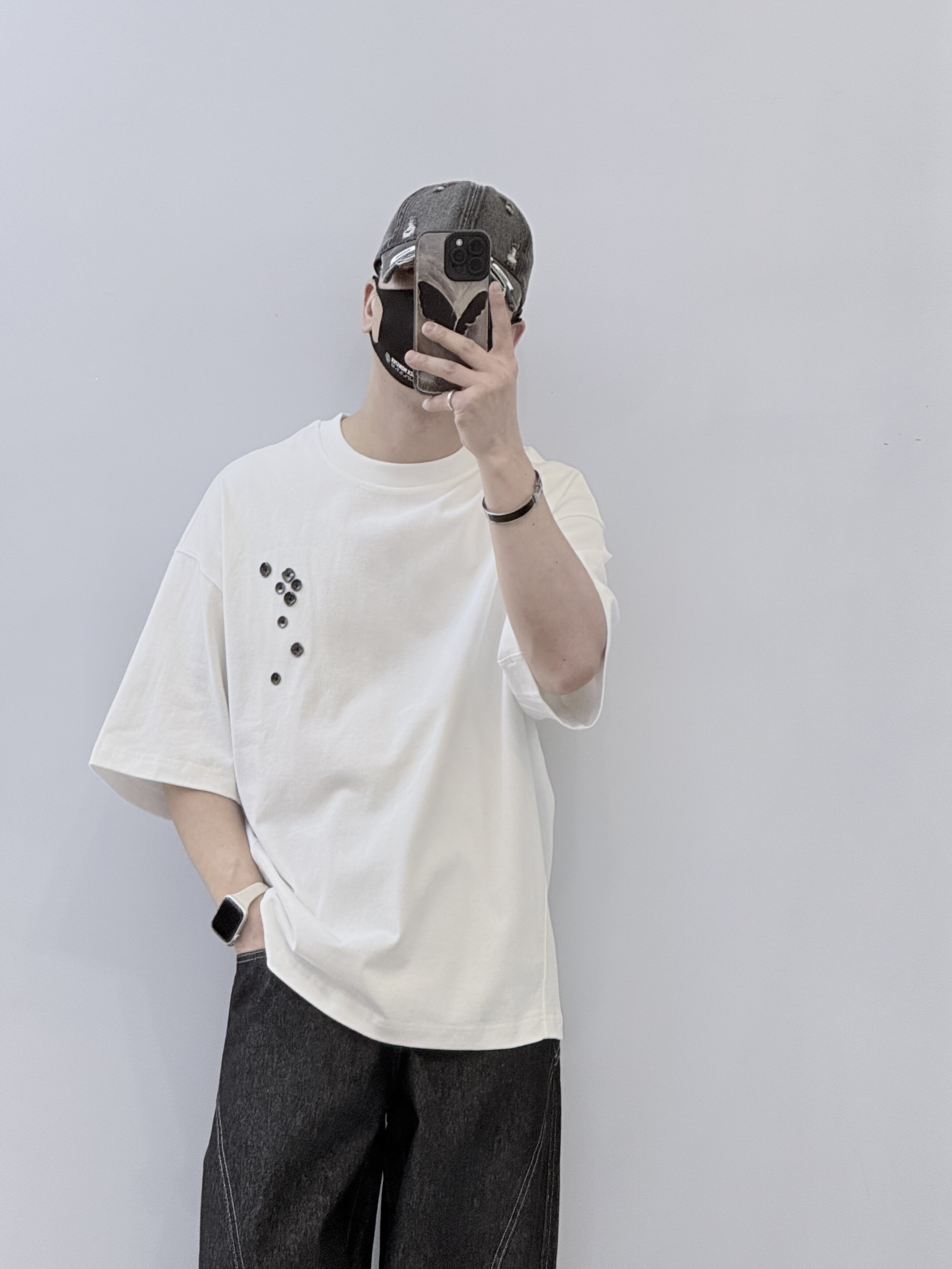 潮牌美式高街纽扣装饰短袖男夏季宽松休闲百搭圆领纯棉T恤上衣