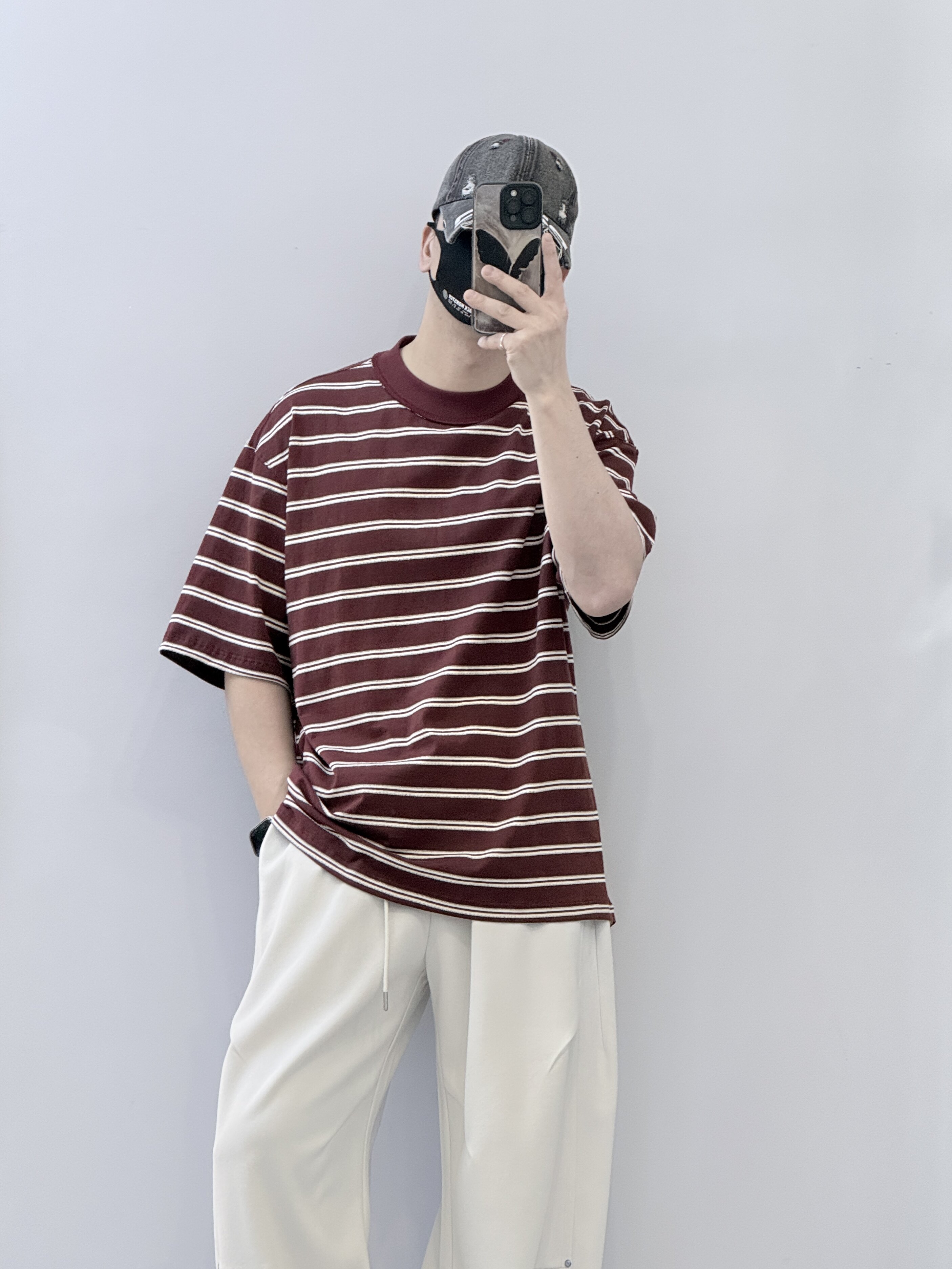 潮牌美式高街条纹短袖男夏季宽松休闲百搭圆领廓形T恤纯棉上衣