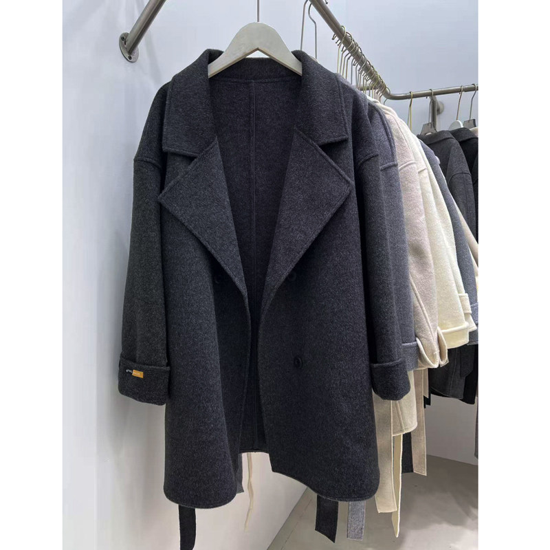 新款双面羊毛大衣学生党西服领开衫收腰秋冬呢子大衣中款保暖外套