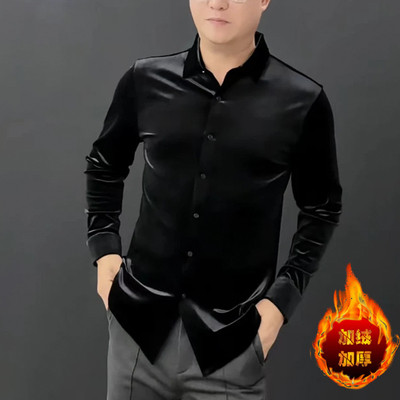 轻奢秋冬男士金丝绒加绒时尚百搭衬衫修身气质男士纯色衬衫