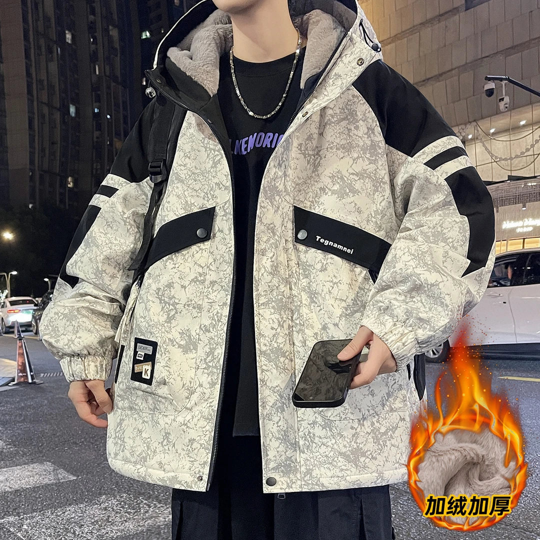 男士秋冬季加绒加厚保暖连帽夹克外套休闲宽松潮流韩版冬装棉衣服