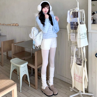 白色针织短裤女秋冬新款高腰显瘦外穿打底毛线裤春季辣妹百牛仔裤