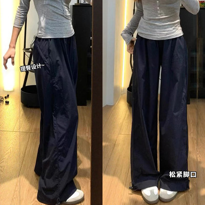 黑色运动速干工装裤女夏薄款2026新款小个子高腰阔腿宽松休闲裤子