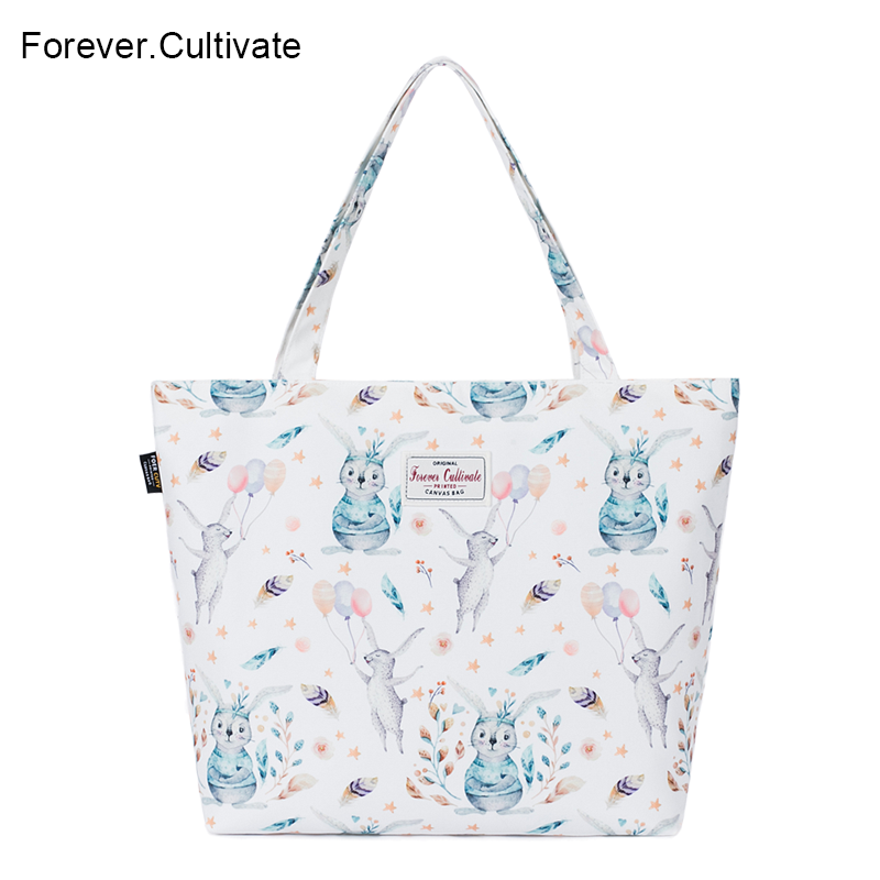 Forever cultivate卡通印花单肩包托特包女大学生上课手提包袋子