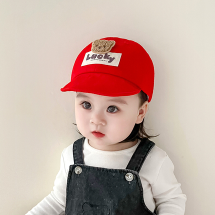 3-18个月婴儿帽子春秋宝宝鸭舌帽地主帽渔夫帽红色喜庆周岁帽小熊