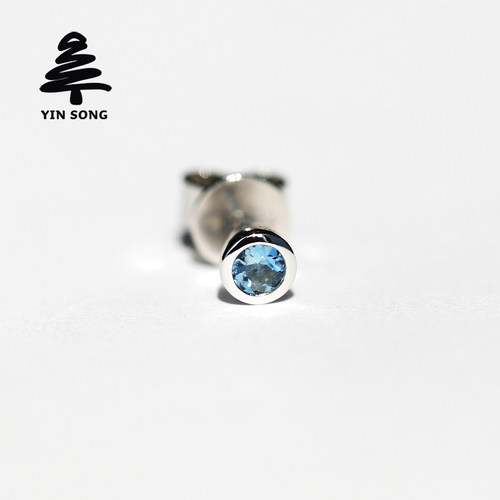 包镶圆形海蓝宝耳钉 银松Pt950铂金天然圣玛利亚海蓝宝单只男耳饰