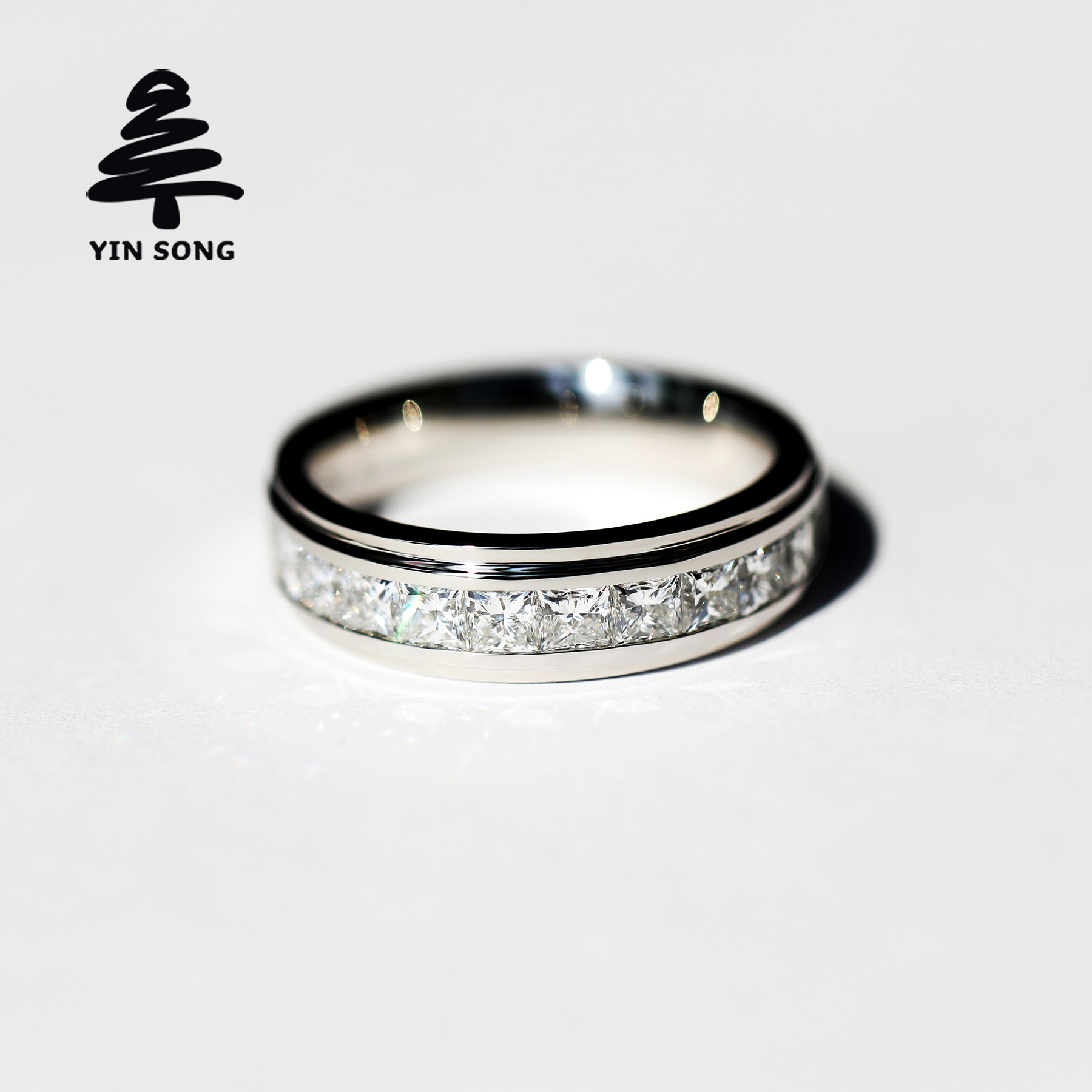 排镶公主方培育钻石男戒 925银Pt900铂金实验室钻男宽版大码戒指