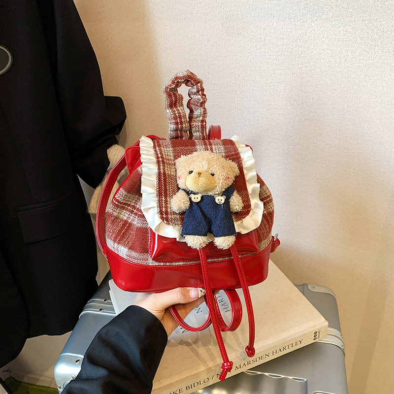 2025韩版高颜值格子款蕾丝小熊公仔双肩背包男女童亲子款洋气书包