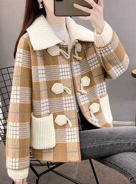 秋冬加厚短款毛呢外套女2025新款爆款百搭宽松双面呢格子上衣开衫
