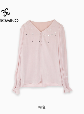 2025雪纺衫【新】Y095C2528春秋V领黑色薄款长袖白色上衣衬衣女